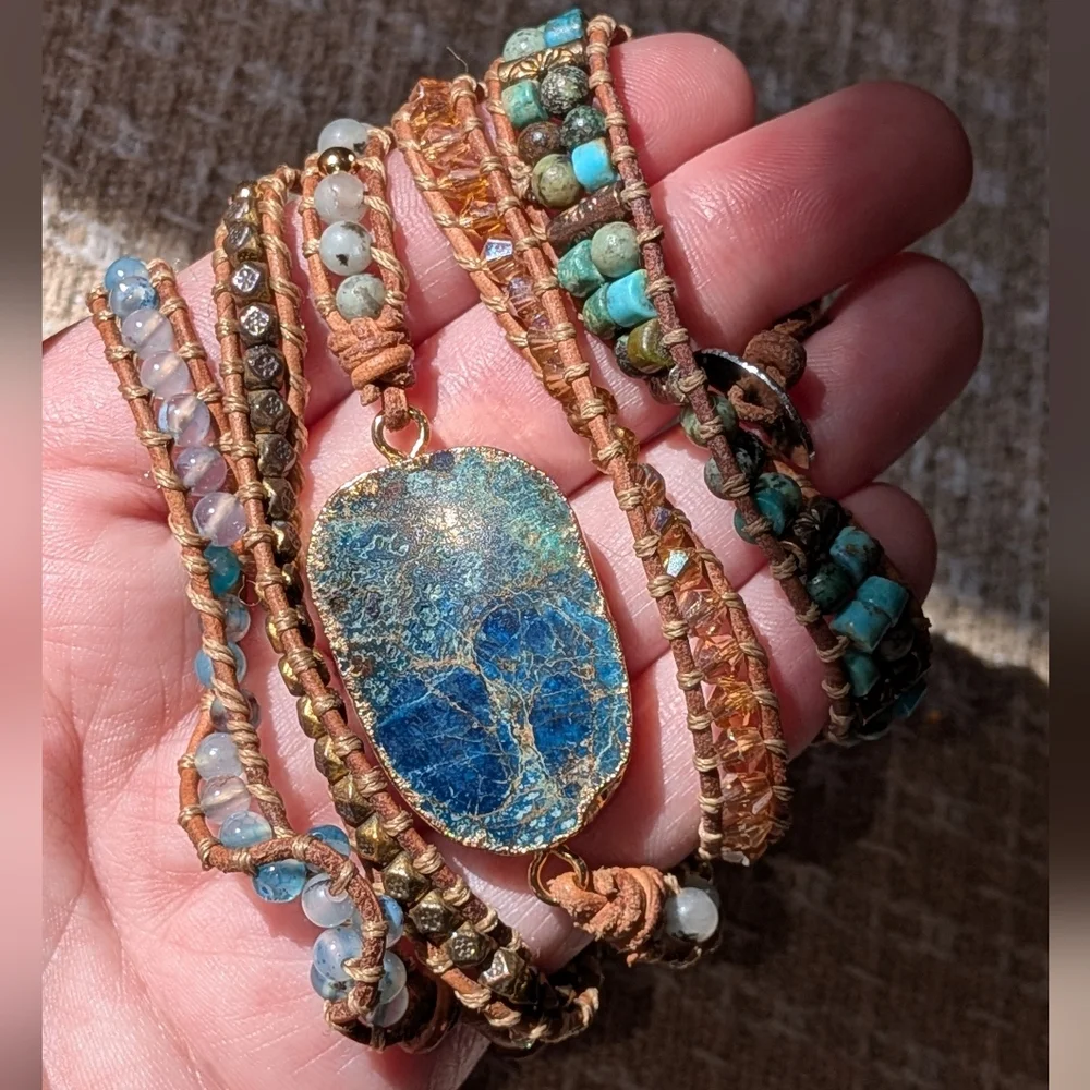 Bohemian Blue Turquoise Gemstone Wrap Bracelet - Picture 2 of 6